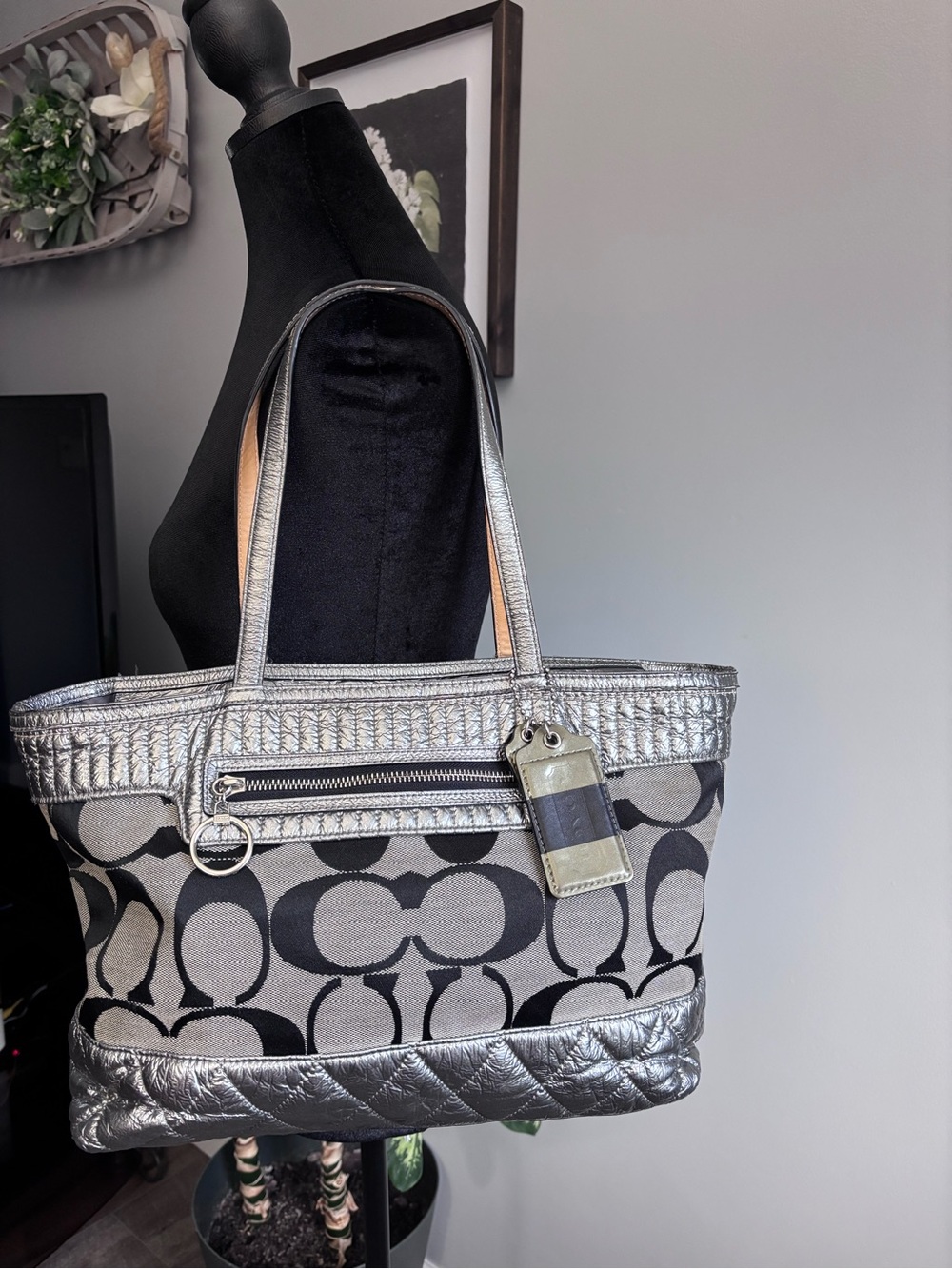 Coach Poppy Silver and Black Signature Tote